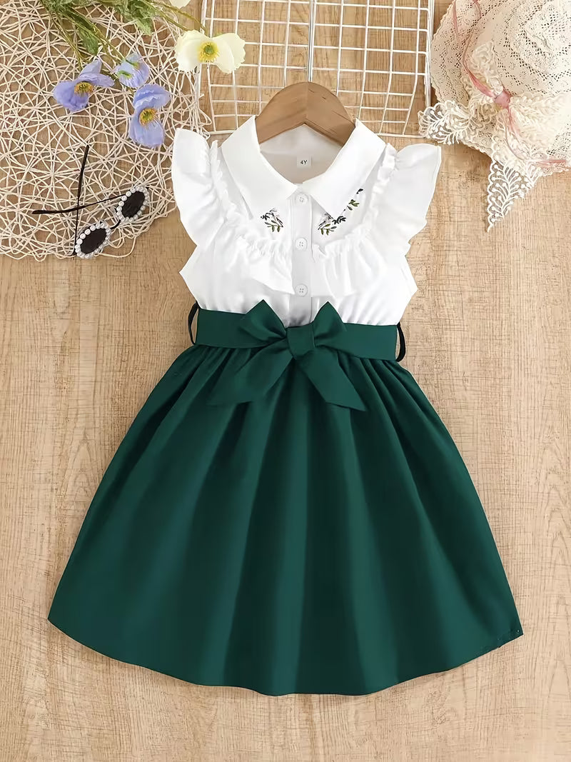 Elegant Princess Dress, Stylish Color-Blocked Embroidered Belt Dress, a Perfect Gift for Children on Valentine'S Day, Ideal for Everyday Wear Or Festive Occasions