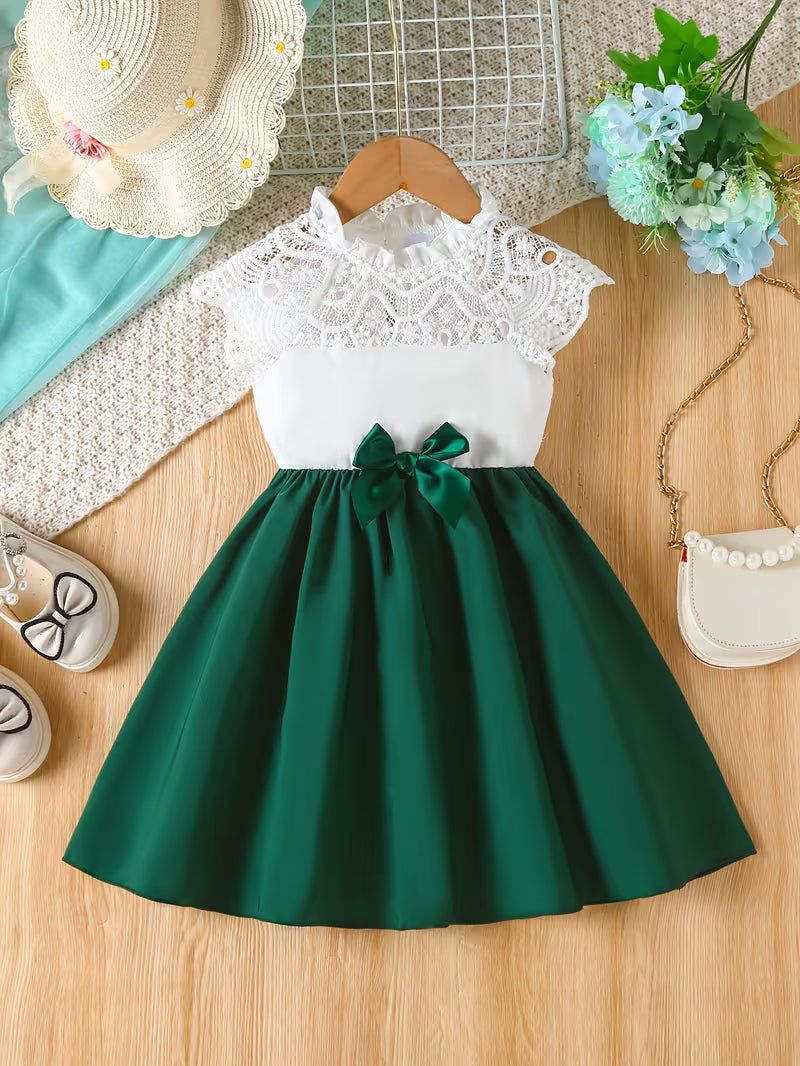 Girls' Laced Collar Spliced Solid Color Woven Front Waist Three-dimensional Bow Casual Dress