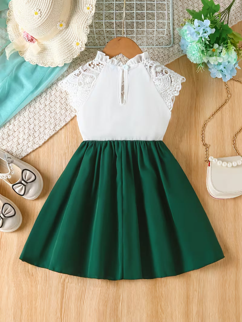Girls' Laced Collar Spliced Solid Color Woven Front Waist Three-dimensional Bow Casual Dress