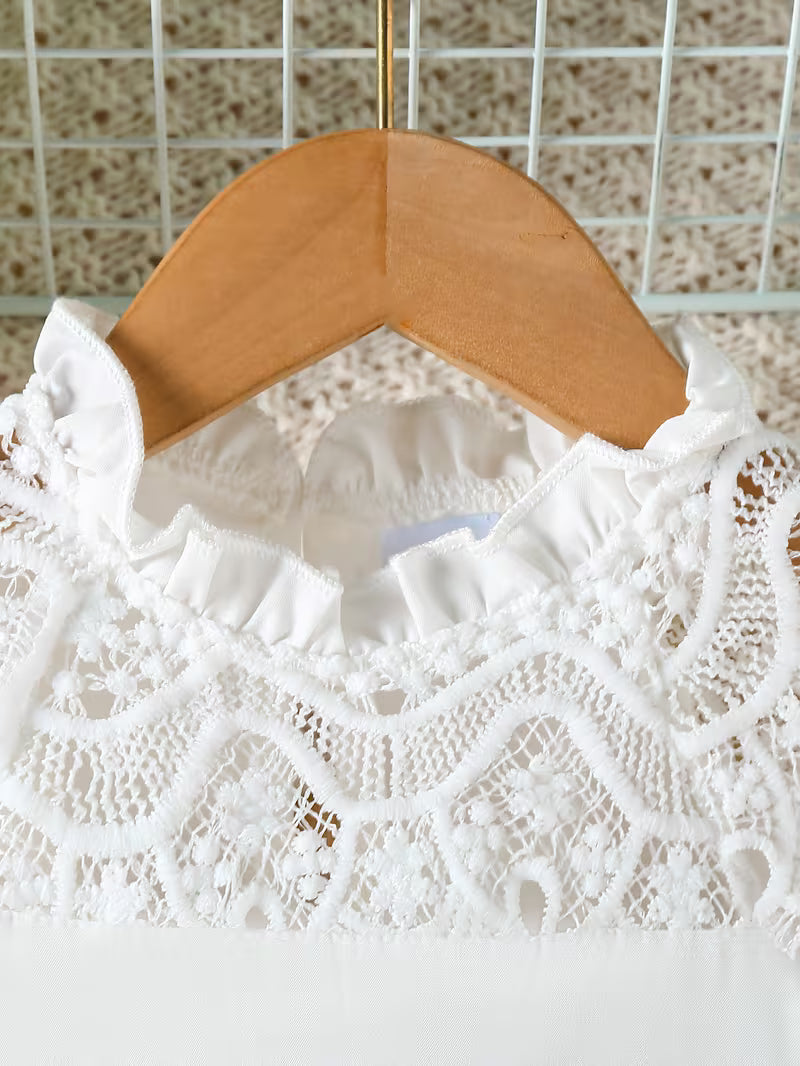 Girls' Laced Collar Spliced Solid Color Woven Front Waist Three-dimensional Bow Casual Dress