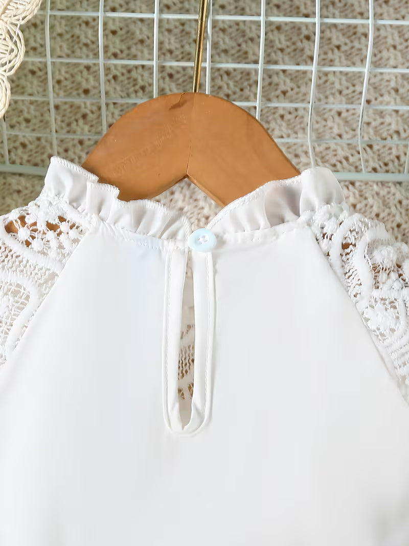 Girls' Laced Collar Spliced Solid Color Woven Front Waist Three-dimensional Bow Casual Dress