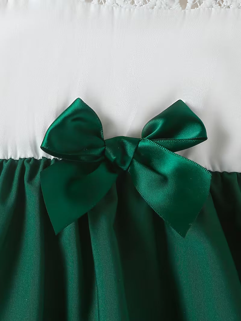Girls' Laced Collar Spliced Solid Color Woven Front Waist Three-dimensional Bow Casual Dress