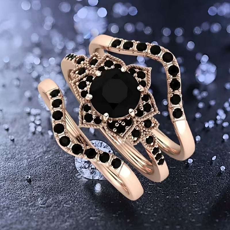 Elegant Three-Piece Ring Set of Black Zirconia