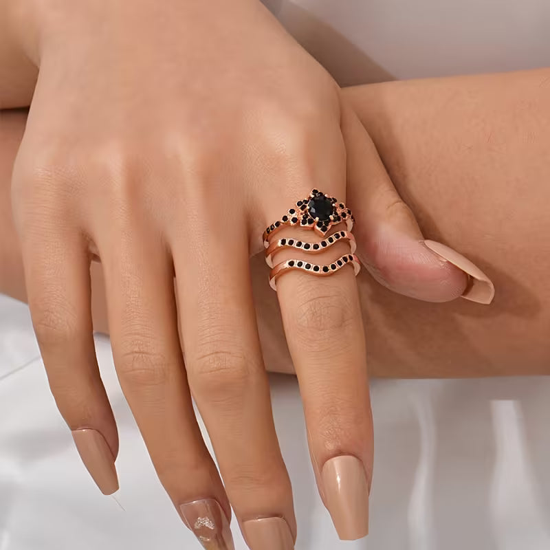 Elegant Three-Piece Ring Set of Black Zirconia