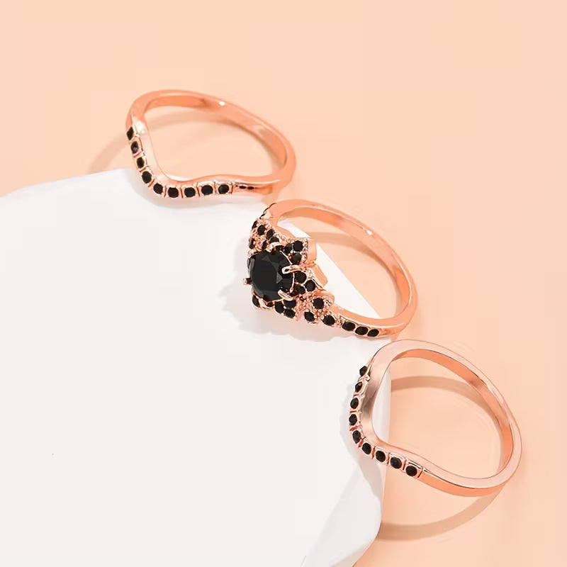 Elegant Three-Piece Ring Set of Black Zirconia