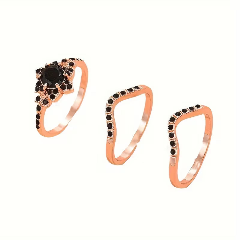 Elegant Three-Piece Ring Set of Black Zirconia