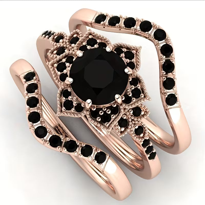 Elegant Three-Piece Ring Set of Black Zirconia