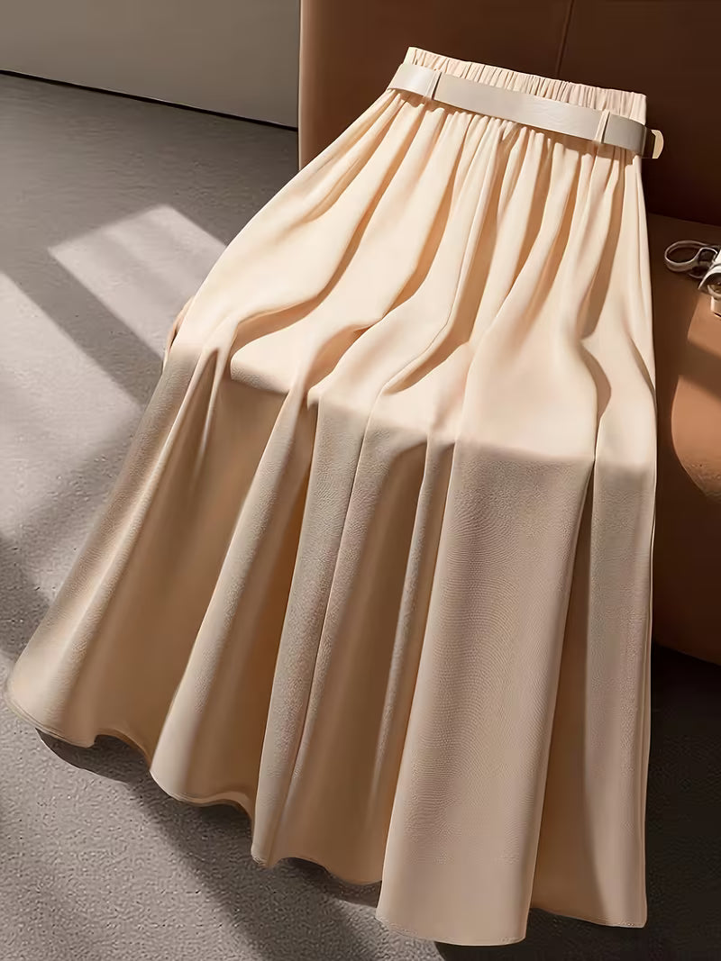 Womens Elegant High-Waisted Pleated Maxi Skirt with Belt