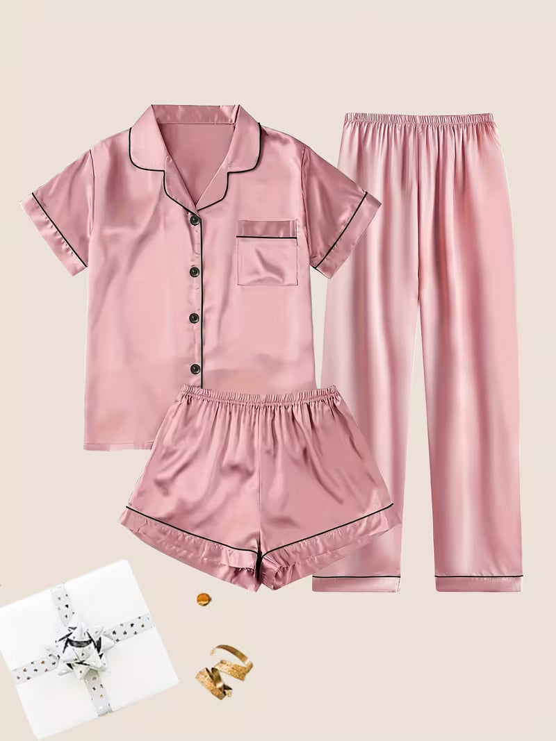 A Three-Piece Pajama Set Featuring a Casual, Stylish, And Comfortable Satin Short-Sleeve Shirt, Elastic Shorts, And Elastic Long Pants
