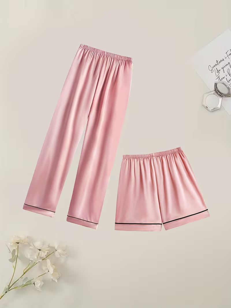 A Three-Piece Pajama Set Featuring a Casual, Stylish, And Comfortable Satin Short-Sleeve Shirt, Elastic Shorts, And Elastic Long Pants