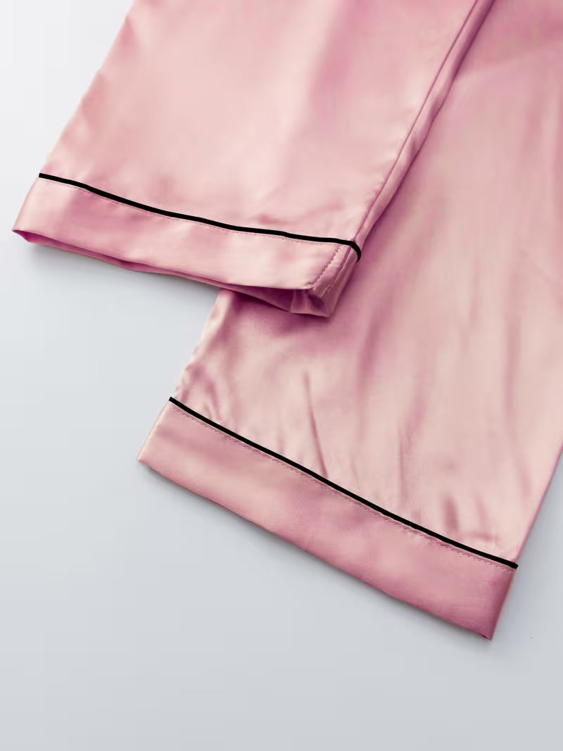 A Three-Piece Pajama Set Featuring a Casual, Stylish, And Comfortable Satin Short-Sleeve Shirt, Elastic Shorts, And Elastic Long Pants