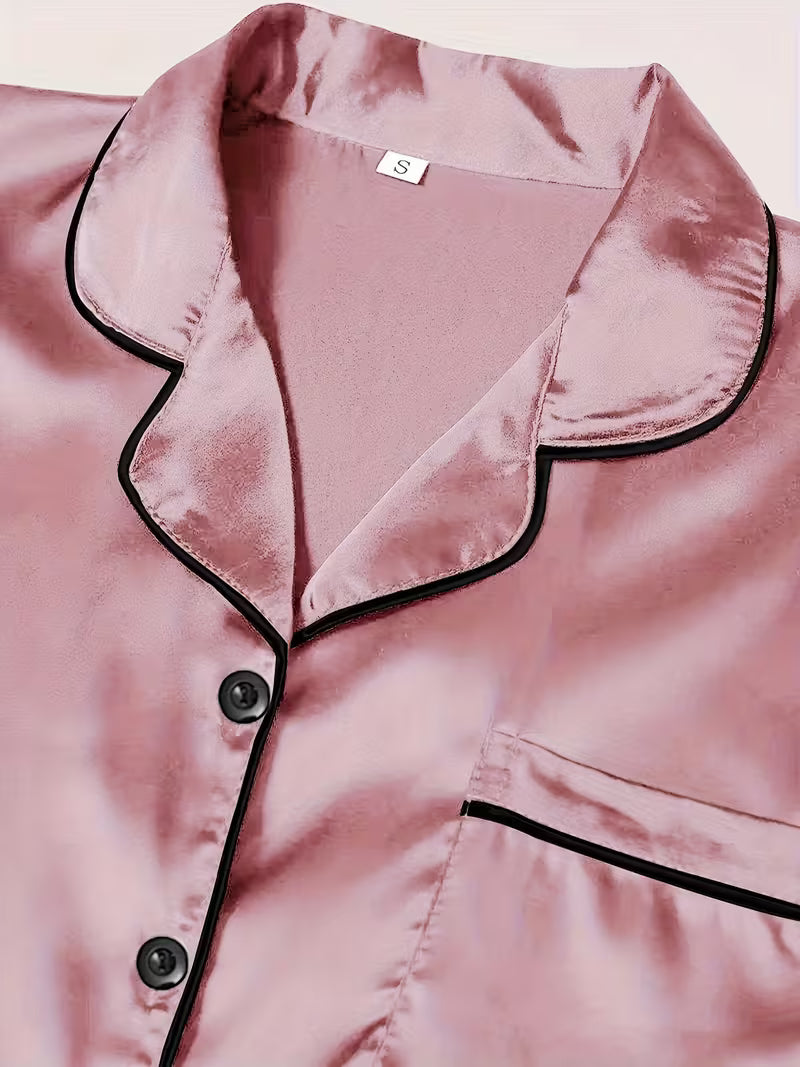 A Three-Piece Pajama Set Featuring a Casual, Stylish, And Comfortable Satin Short-Sleeve Shirt, Elastic Shorts, And Elastic Long Pants