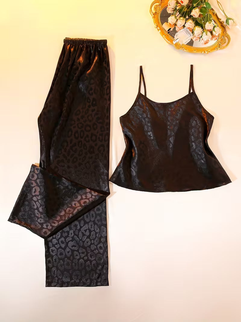 Round Neck Casual Women's Jacquard Camisole Long Pants Pajama Set 2pcs