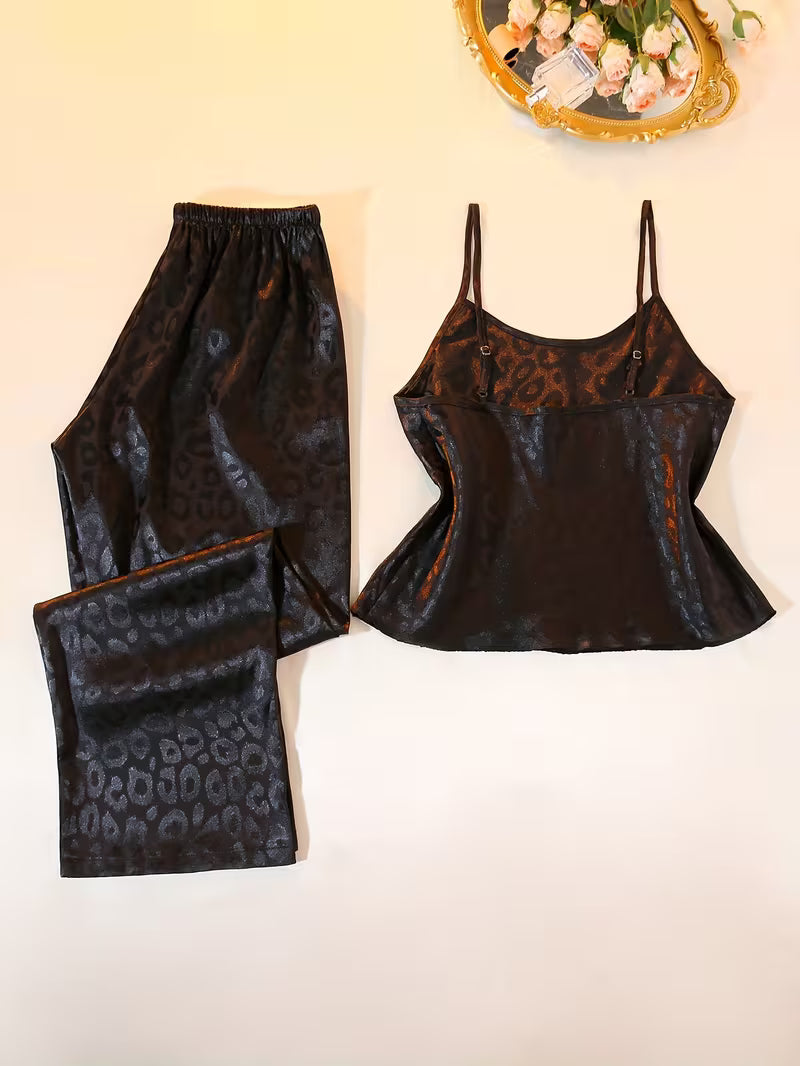 Round Neck Casual Women's Jacquard Camisole Long Pants Pajama Set 2pcs