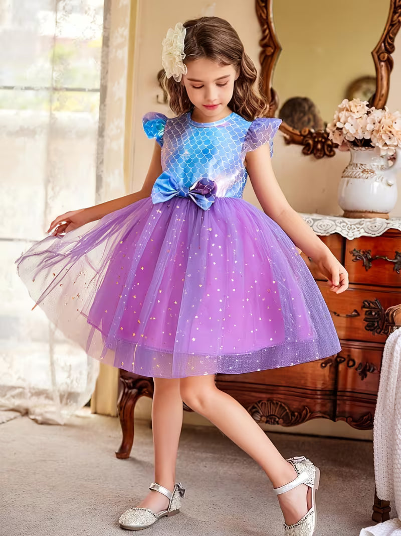 A Digital Print Dress for Girls Featuring a Fish Scale Pattern, with Shiny Star Mesh
