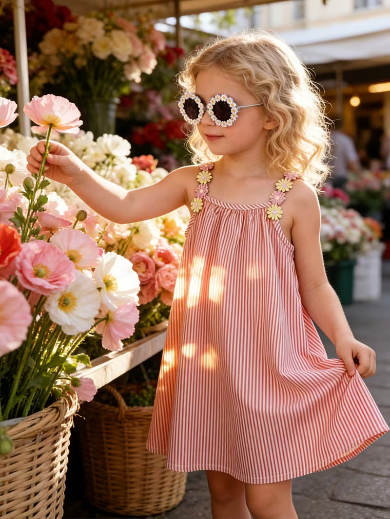 Girls' Summer Sleeveless Dress - Breathable Orange Stripes & Colorful Floral Appliqué