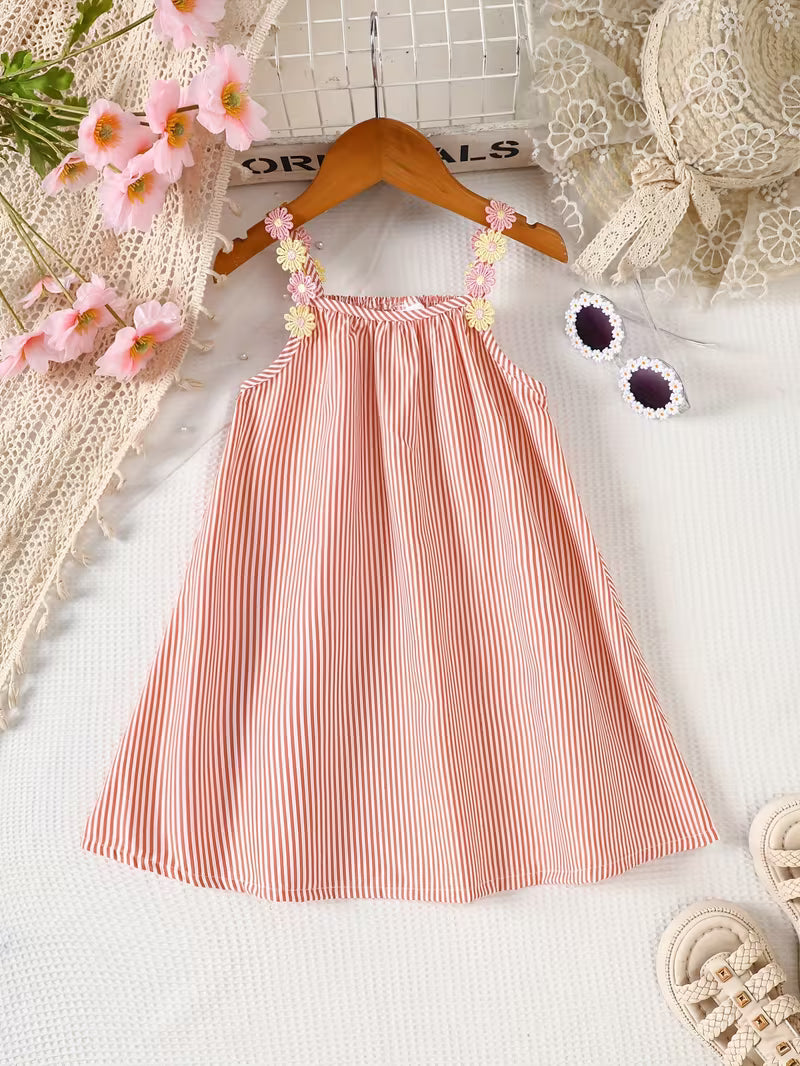 Girls' Summer Sleeveless Dress - Breathable Orange Stripes & Colorful Floral Appliqué