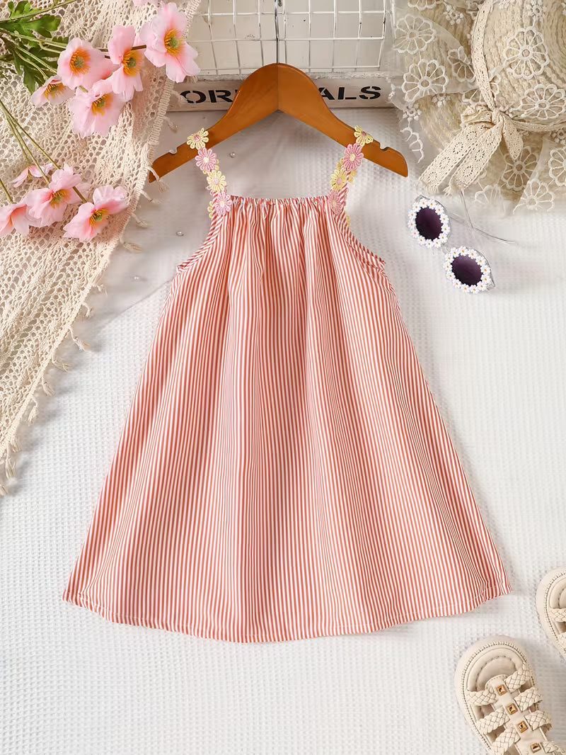 Girls' Summer Sleeveless Dress - Breathable Orange Stripes & Colorful Floral Appliqué