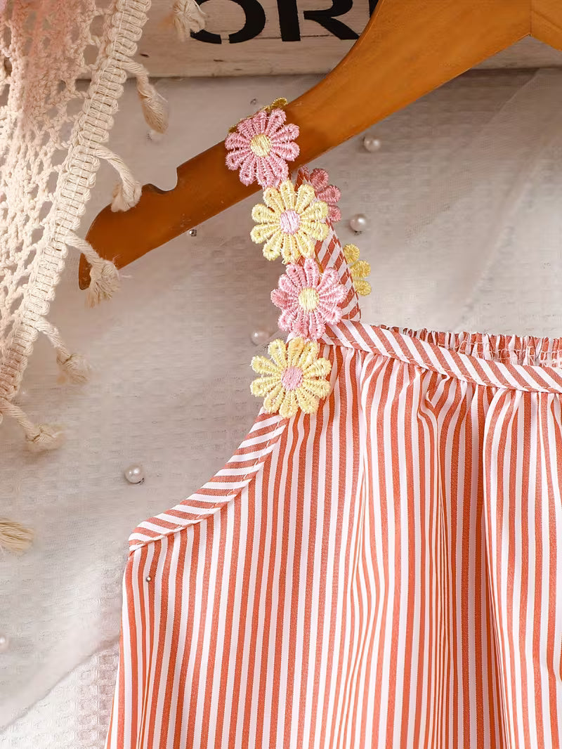 Girls' Summer Sleeveless Dress - Breathable Orange Stripes & Colorful Floral Appliqué