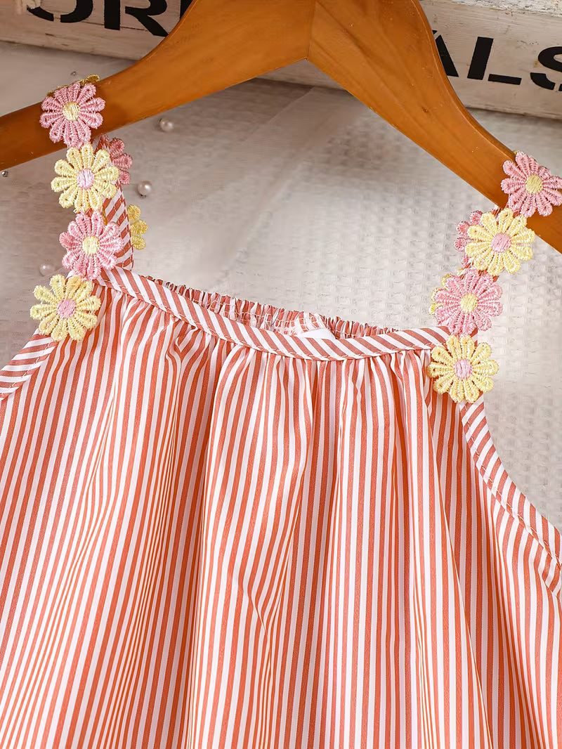 Girls' Summer Sleeveless Dress - Breathable Orange Stripes & Colorful Floral Appliqué