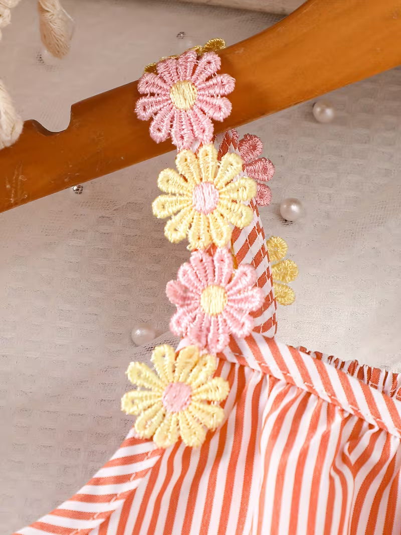 Girls' Summer Sleeveless Dress - Breathable Orange Stripes & Colorful Floral Appliqué