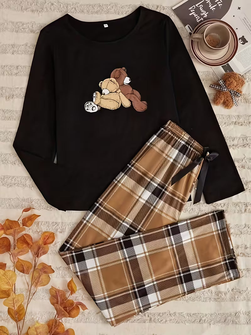 Casual Women's Two-Seater Bear Double Long Pajama Set