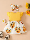 Two-Piece Set Dress with Flutter Sleeves, Waist Bow and Headscarf