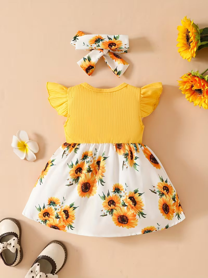 Two-Piece Set Dress with Flutter Sleeves, Waist Bow and Headscarf