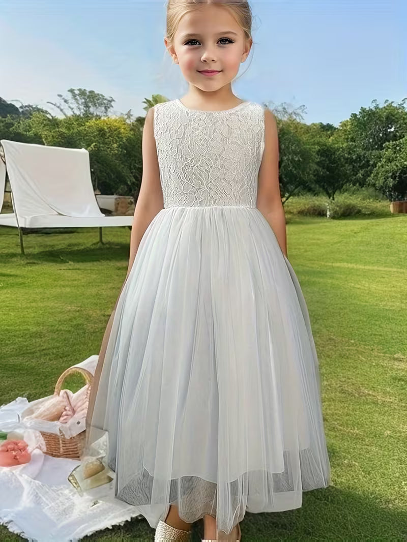 Flower Girl Sleeveless V-Back A-Line Bridesmaid Wedding Party Dress for Girls