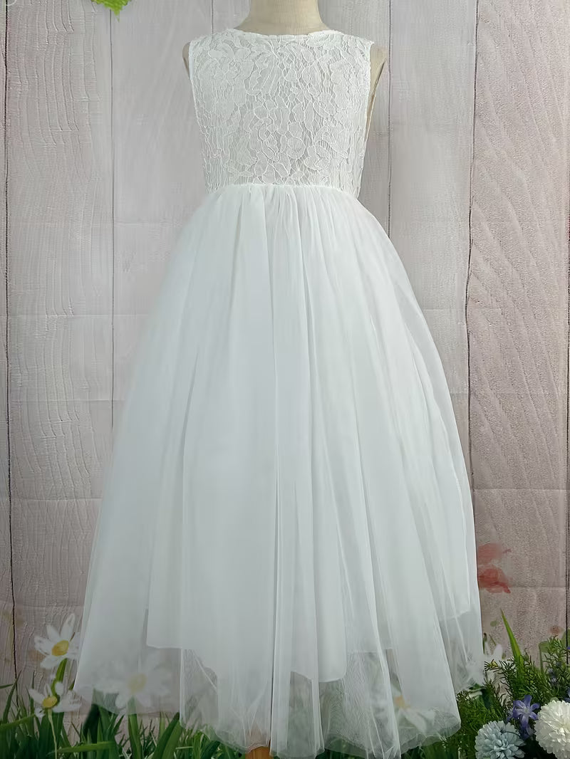 Flower Girl Sleeveless V-Back A-Line Bridesmaid Wedding Party Dress for Girls