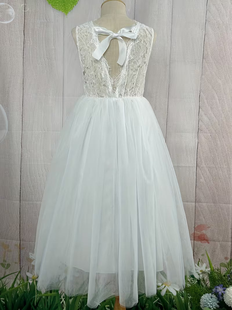 Flower Girl Sleeveless V-Back A-Line Bridesmaid Wedding Party Dress for Girls