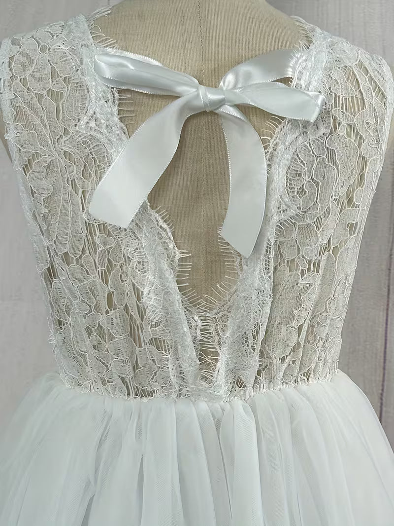 Flower Girl Sleeveless V-Back A-Line Bridesmaid Wedding Party Dress for Girls