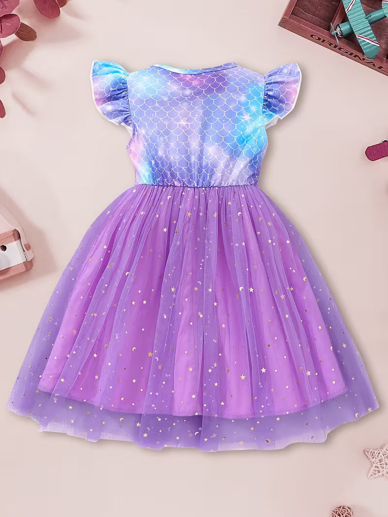 A Digital Print Dress for Girls Featuring a Fish Scale Pattern, with Shiny Star Mesh