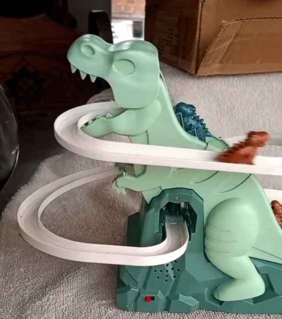Dinosaur Racing Track Toys, Electric Dinosaur Climbing Stairs Track Toys with Slide, Music, LED Ligh