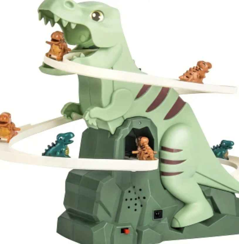 Dinosaur Racing Track Toys, Electric Dinosaur Climbing Stairs Track Toys with Slide, Music, LED Ligh