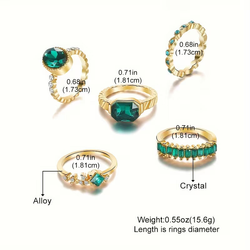 Retro Artificial Green Crystal Ring Set, Daily Jewelry Accessories, Fashion Rings