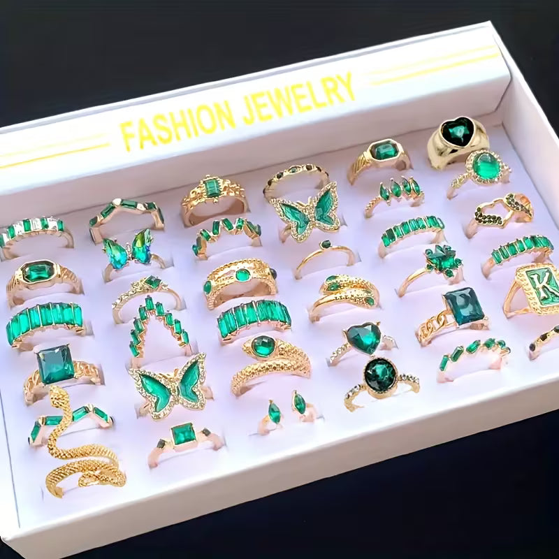 Retro Artificial Green Crystal Ring Set, Daily Jewelry Accessories, Fashion Rings
