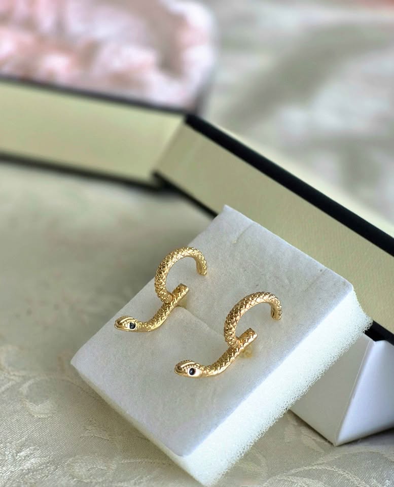 SERPENT QUEEN Detailed Golden colour Snake Front-to-Back Stud Earrings