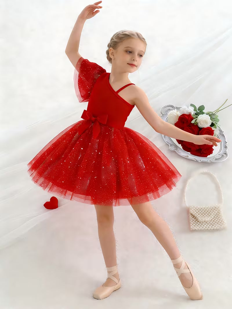 Elegant Girls Red One-Strap Small Bow Dress