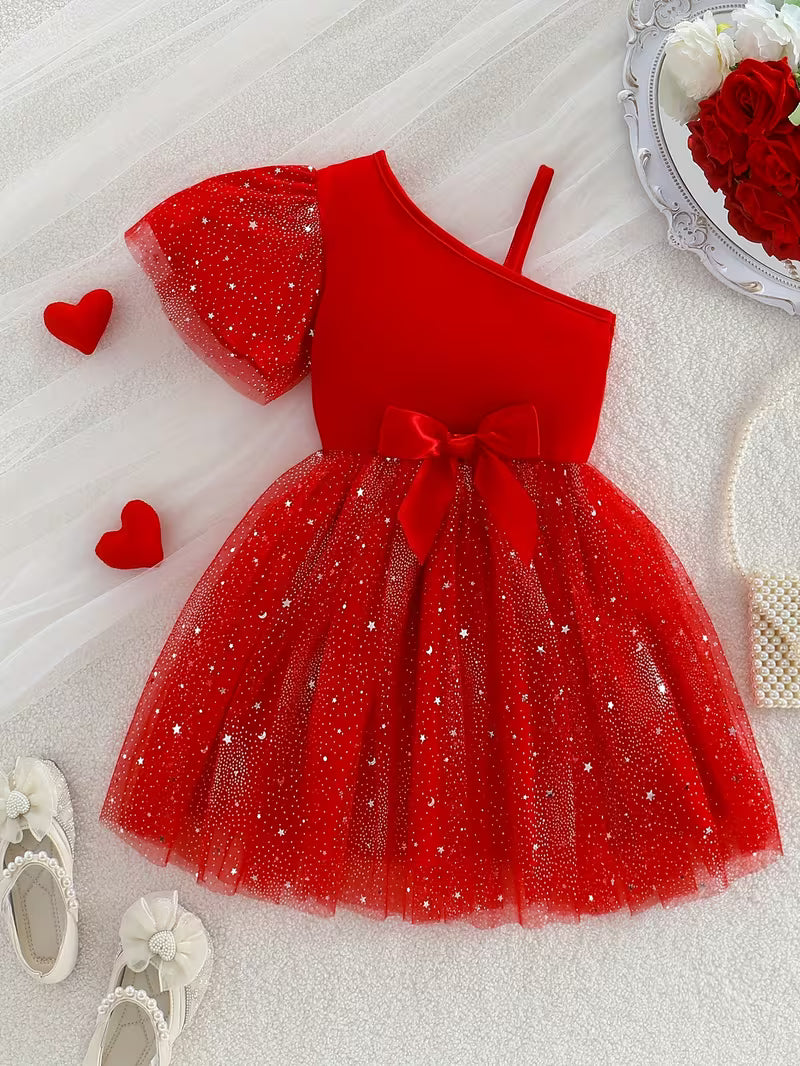 Elegant Girls Red One-Strap Small Bow Dress