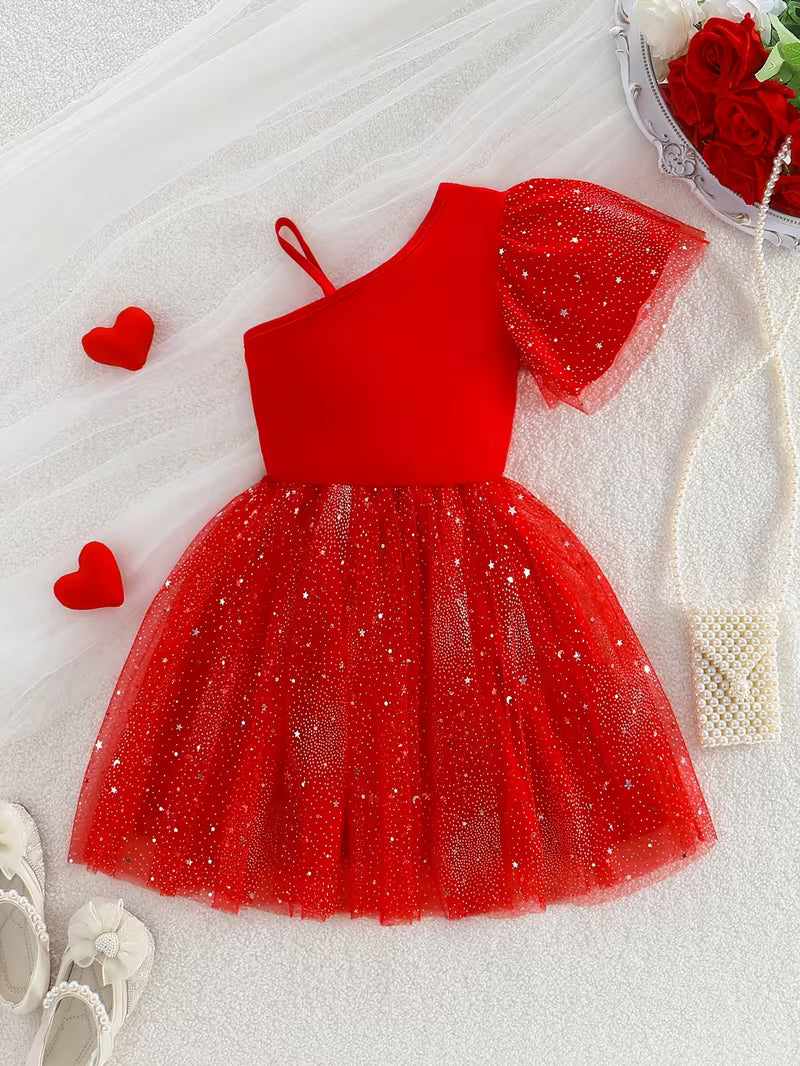 Elegant Girls Red One-Strap Small Bow Dress