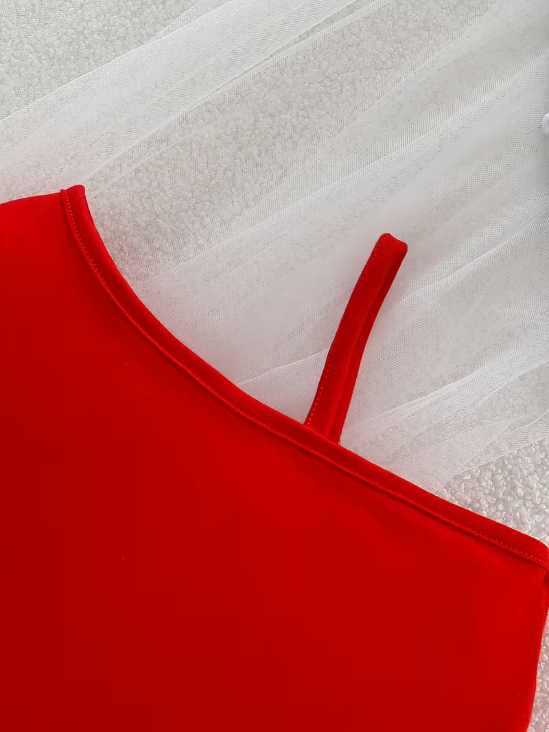 Elegant Girls Red One-Strap Small Bow Dress