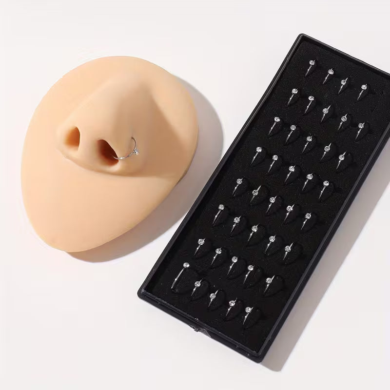 Stainless Steel Rhinestone Inlaid Body Piercing Jewelry Set, Open-End Simple Nose Ring Kit