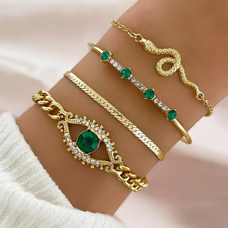 Green Artificial Stone and Alloy Snake-Shaped Bracelet And Eye Bracelet Set, Four-Piece Bracelet Collection