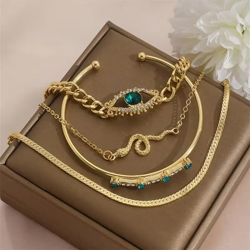 Green Artificial Stone and Alloy Snake-Shaped Bracelet And Eye Bracelet Set, Four-Piece Bracelet Collection
