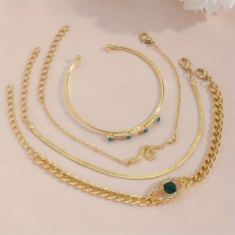 Green Artificial Stone and Alloy Snake-Shaped Bracelet And Eye Bracelet Set, Four-Piece Bracelet Collection