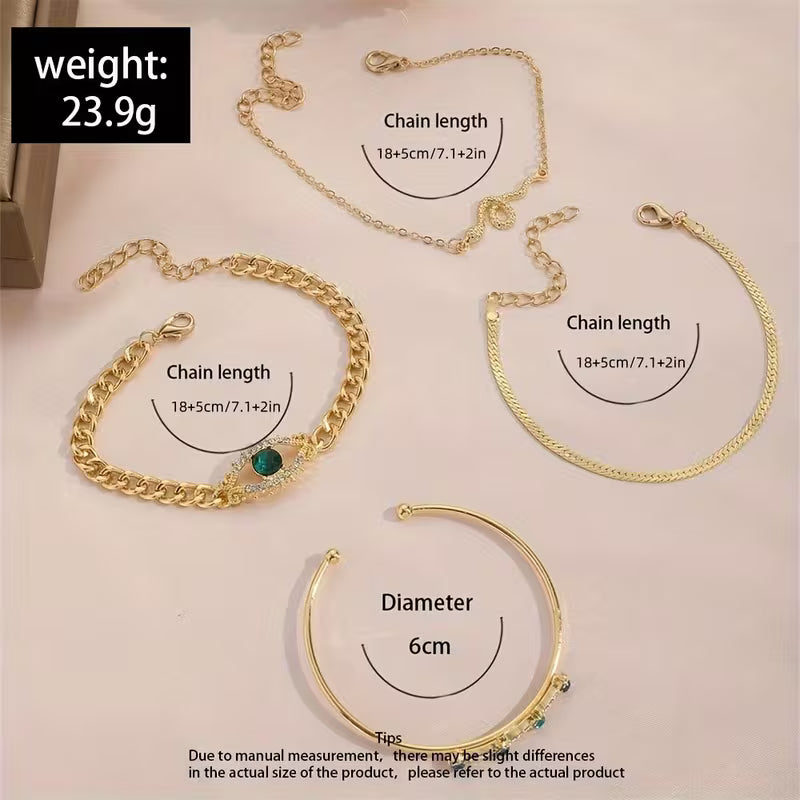 Green Artificial Stone and Alloy Snake-Shaped Bracelet And Eye Bracelet Set, Four-Piece Bracelet Collection