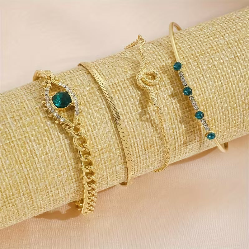Green Artificial Stone and Alloy Snake-Shaped Bracelet And Eye Bracelet Set, Four-Piece Bracelet Collection