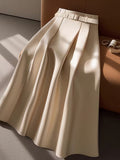 Womens Elegant High-Waisted Pleated Maxi Skirt with Belt