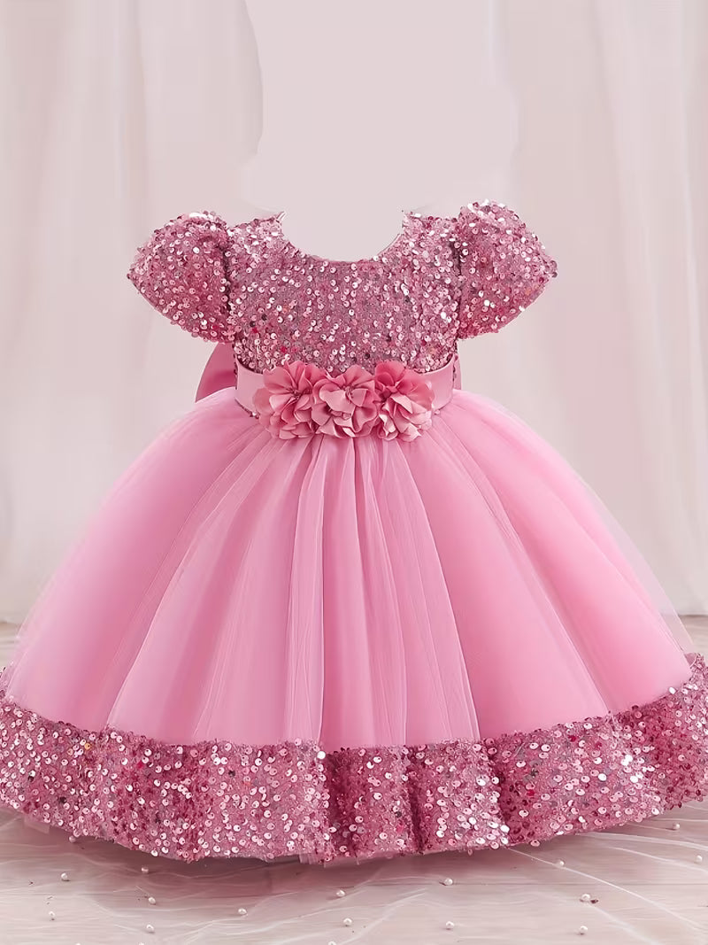 Sequined Children's Gown with Puffy Tulle Princess Dress for Baby Girls 7-8 Years